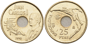 Испания 25 песет 1990 БАРСЕЛОНА 92, ПРЫЖКИ В ВЫСОТУ, Хуан Карлос I (1975-2001) KM 851 никель бронза 4567-523