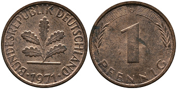 ФРГ 1 пфенниг 1971 G KM 105, J.380 сталь плакированная медью 99-317