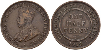 АВСТРАЛИЯ 1/2 ПЕННИ 1912 Н, ГЕОРГ V KM 22 бронза 67-1212