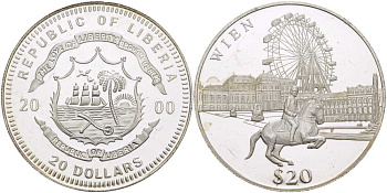 Либерия 20 долларов 2000 серия памятники архитектуры, Вена KM NEW серебро PROOF 1076-5-31