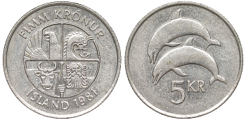 Исландия 5 крон 1981 дельфины KM 28 медно-никель 259-414