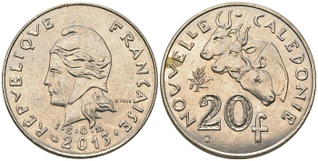 Французская Новая Каледония 20 франков 2013 три быка, (IEOM) KM 12a, Schoen 14a, Lec 115j медно-никель 84-1044