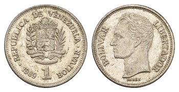 Венесуэла 1 боливар 1989 Симон Боливар, тонкий шрифт Y 52a.1 сталь плакированная никелем 4662-852