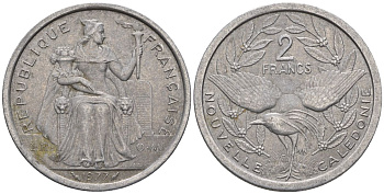 Французская Новая Каледония 2 франка 1977 птица кагу, (IEOM) KM 14, Schoen 11, Lec 58 алюминий    08-711