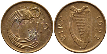 ИРЛАНДИЯ 1 ПЕННИ 1992 ПТИЧКА KM 20а сталь плакированная медью 4397-137
