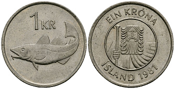 Исландия 1 крона 1981 треска KM 27 медно-никель 4172-524