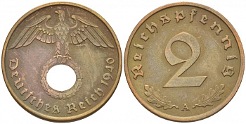 ГЕРМАНИЯ 2 РЕЙХСПФЕННИГА 1940 A KM 90, J. 362 бронза 261-1037