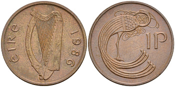 Ирландия 1 пенни 1986 мифологическая птица лира KM 20 бронза 4582-142