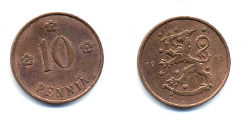 Финляндия 10 пенни 1935 республика (1918-1962) KM 24 медь 51-5457