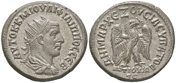 Римская Империя, Провинция Сирия, Антиохия тетрадрахма 248 Филипп I Араб, бюст императора/орел, 12,27 гр Prieur 449 серебро 00-815-87