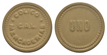 Чили, компании C.A.L. Colico N.D. шахтерский жетон с Селитряного рудника для покупки в местных магазинах, номиналом в 1 песо ND (1910-1920) диаметр 30,5 мм, вес 2,85 гр Rulau.Ant 3, не описан в Espinosa эбонит (охра) 1066-1-41