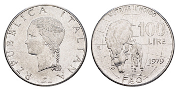 Италия 100 лир 1979 Продовольственная программа - ФАО KM 106 нержавеющая сталь UNC 4633-611