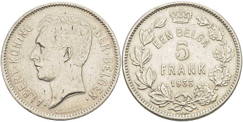 БЕЛЬГИЯ 5 ФРАНКОВ 1933 АЛЬБЕРТ I, DER BELGEN KM 98 никель 3851-433