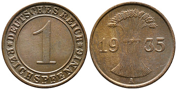 Германия 1 рейхспфенниг 1935 A KM 37, J. 313 бронза 39-1116