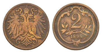 Австрия 2 геллера 1894 Франц Иосиф I (1848-1916) KM 2801 бронза 4639-968