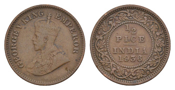 Британская Индия 1/2 пайса 1936 Георг V (1910-1936) KM 510 бронза 4632-726