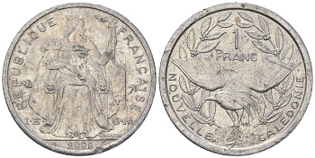 Французская Новая Каледония 1 франк 2008 птица кагу, (IEOM) KM 10, Schoen 10 алюминий 55-222