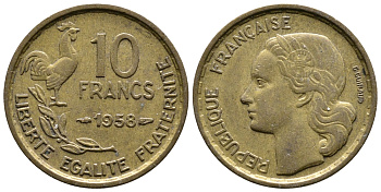 ФРАНЦИЯ 10 ФРАНКОВ 1958 KM 915.1 алюминиевая бронза 51-1117