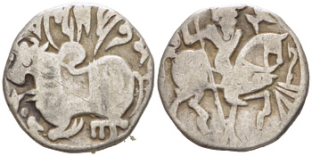 Афганистан драхма X-XII вв. Индийская династия Шахи, священный бык / всадник с копьем, 3,05 гр серебро 1073-11-41