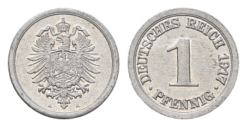 Германия 1 пфенниг 1917 A, Вильгельм II (1888-1918) KM 24, J. 300 алюминий UNC 4630-732
