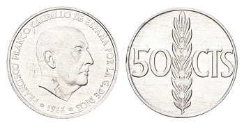 Испания 50 сентимо 1966 (73) Франсиско Франко (1939-1975) KM 795 алюминий aUNC 4705-1026