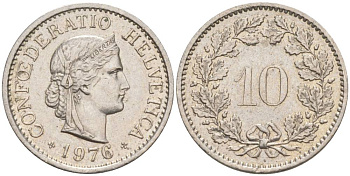 Швейцария 10 раппенов 1976 KM 27 медно-никель 55-511