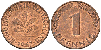 ФРГ 1 пфенниг 1967 G KM 105, J. 380 сталь плакированная медью    4115-121