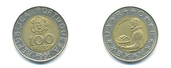 Португалия 100 эскудо 1991 Педру Нуниш (1502-1578), математик KM 645.1 биметалл 56-956