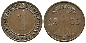 Германия 1 рейхспфенниг 1935 A KM 37, J. 313 бронза 4380-1266
