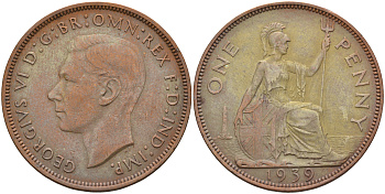 Великобритания 1 пенни 1939 Георг VI (1936-1952) KM 845, Spink 4114 бронза 4593-226