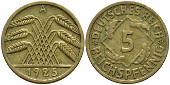 Германия 5 рейхспфеннигов 1925 A KM 39, J. 316, Weege 7 алюминиевая бронза 4516-366