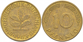 ФРГ 10 ПФЕННИГОВ 1985 F KM 108, J.383 сталь плакированная латунью 3996-855