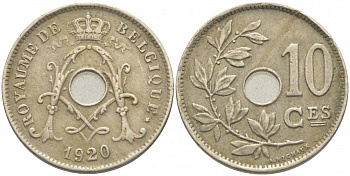 БЕЛЬГИЯ 10 САНТИМОВ 1920 BELGIQUE KM 85.1 медно-никель 3856-436