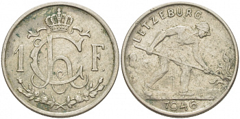 ЛЮКСЕМБУРГ 1 ФРАНК 1946 СТАЛЕВАР KM 46.1 медно-никель 77-834