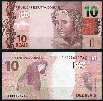 Бразилия 10 реалов 2010 голова Республики, попугай Pick 254 a бумага UNC (пресс) 2196-7-1-2