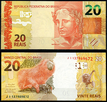 Бразилия 20 реалов 2010 голова Республики, золотистоплечий тамарин Pick 255 e  бумага  UNC (пресс) 447-50-3