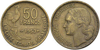Франция 50 франков 1953 Петух KM 918.1, Le Franc 425.5 алюминиевая бронза 4144-434