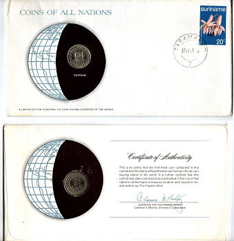 Суринам 25 центов 1976 конверт с маркой первого дня гашения, Coins of Nations KM 14 медно-никель UNC 4294-26-2