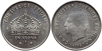 Швеция 1 крона 2003 Карл XVI Густав (1973- ) KM 894 медно-никель 3999-214