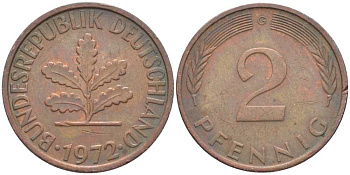 ФРГ 2 ПФЕННИГА 1972 G KM 106a, J. 381a сталь плакированная сталь плакированная медьюю 116-327