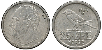 Норвегия 25 эре 1964 Улаф V (1958-1991), синица KM 407 медно-никель 72-1132