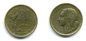 ФРАНЦИЯ 20 ФРАНКОВ 1950 В, 4 ПЕРА KM 917.2, LE FRANC 402.4 алюминиевая бронза 84-817