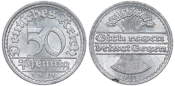 Германия 50 пфеннигов 1921 A KM 27, J. 301 алюминий aUNC 4114-551