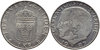 Швеция 1 крона 1987 Карл XVI Густав (1973- ) KM 852a медно-никель 4397-1215