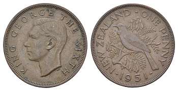 Новая Зеландия 1 пенни 1951 Георг VI (1936-1952), новозеландский туи KM 21 бронза    4512-143