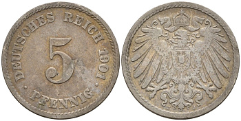 Германия 5 пфеннигов 1901 A KM 11, J. 12 медно-никель 4151-427