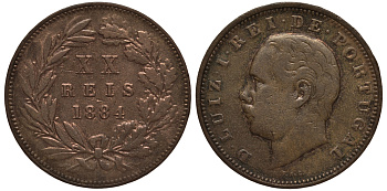 Португалия 20 рейс 1884 Луиш (Людовик) I (1861-1889) KM 527 бронза    1530-1132