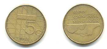 Нидерланды 5 гульденов 1988 Беатрикс (1980-2013) KM 210 никель плакированный бронзой 84-1025