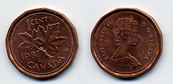 Канада 1 цент 1987 Елизавета II (1952-2022), кленовый лист KM 132 бронза 54-116