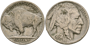 США 5 центов 1934 индеец, бизон KM 134 медно-никель 4525-1046